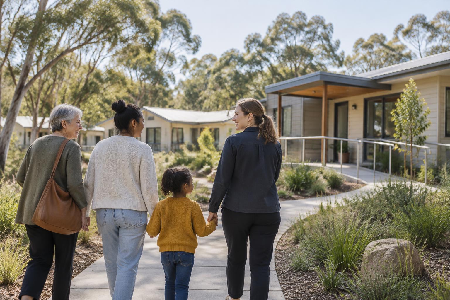 People walking together towards accessible homes in an Australian landscape