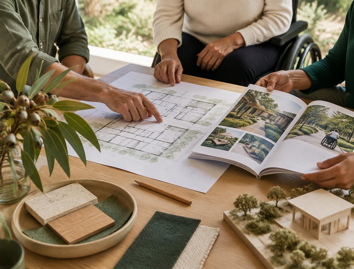 People reviewing inclusive, nature-led building plans and material samples